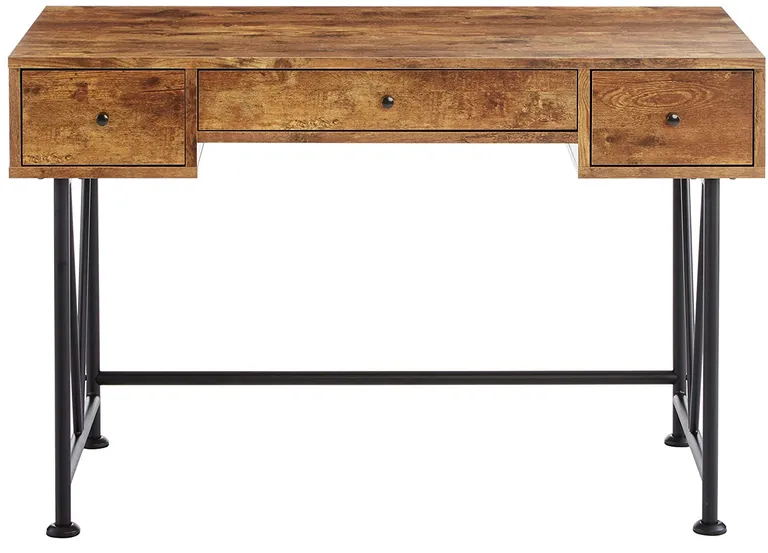 48 Inch Chic Wood Writing Desk 3 Drawer, Rustic, Metal Base, Antique Brown Photo 2