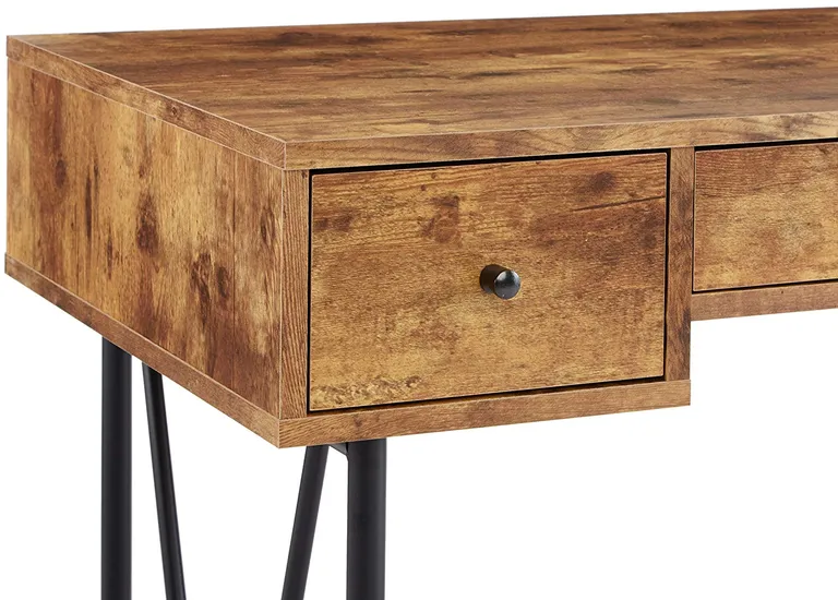 48 Inch Chic Wood Writing Desk 3 Drawer, Rustic, Metal Base, Antique Photo 4