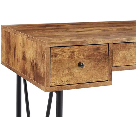 48 Inch Chic Wood Writing Desk 3 Drawer, Rustic, Metal Base, Antique Brown Photo 4