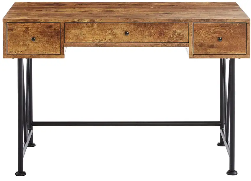 48 Inch Chic Wood Writing Desk 3 Drawer, Rustic, Metal Base, Antique Brown Photo 2
