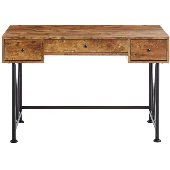 48 Inch Chic Wood Writing Desk 3 Drawer, Rustic, Metal Base, Antique Brown Photo 2