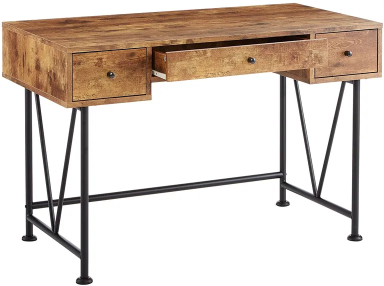 48 Inch Chic Wood Writing Desk 3 Drawer, Rustic, Metal Base, Antique Photo 3