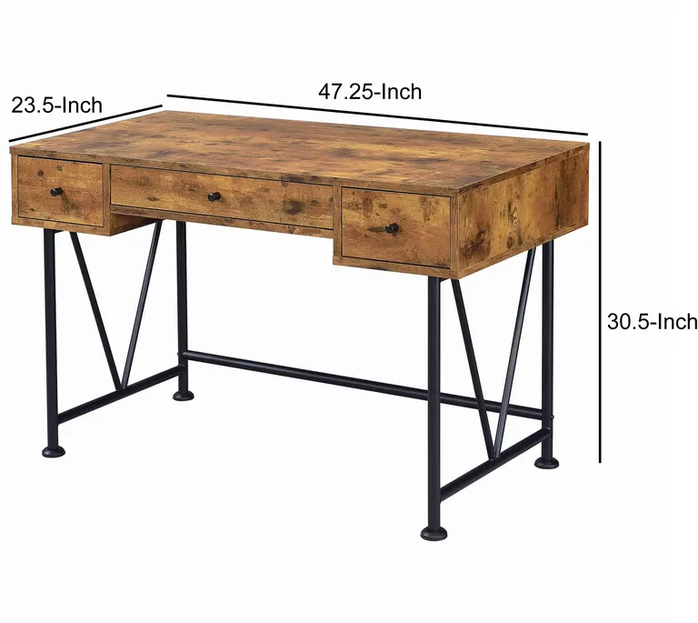48 Inch Chic Wood Writing Desk 3 Drawer, Rustic, Metal Base, Antique Photo 5