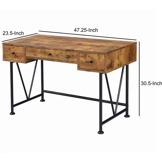 48 Inch Chic Wood Writing Desk 3 Drawer, Rustic, Metal Base, Antique Brown Photo 5