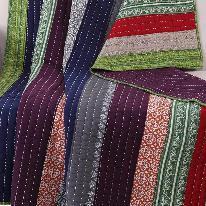 60 Inch Cotton Throw Blanket, Multi Color Stripes, Kantha Hand Quilting Photo 4