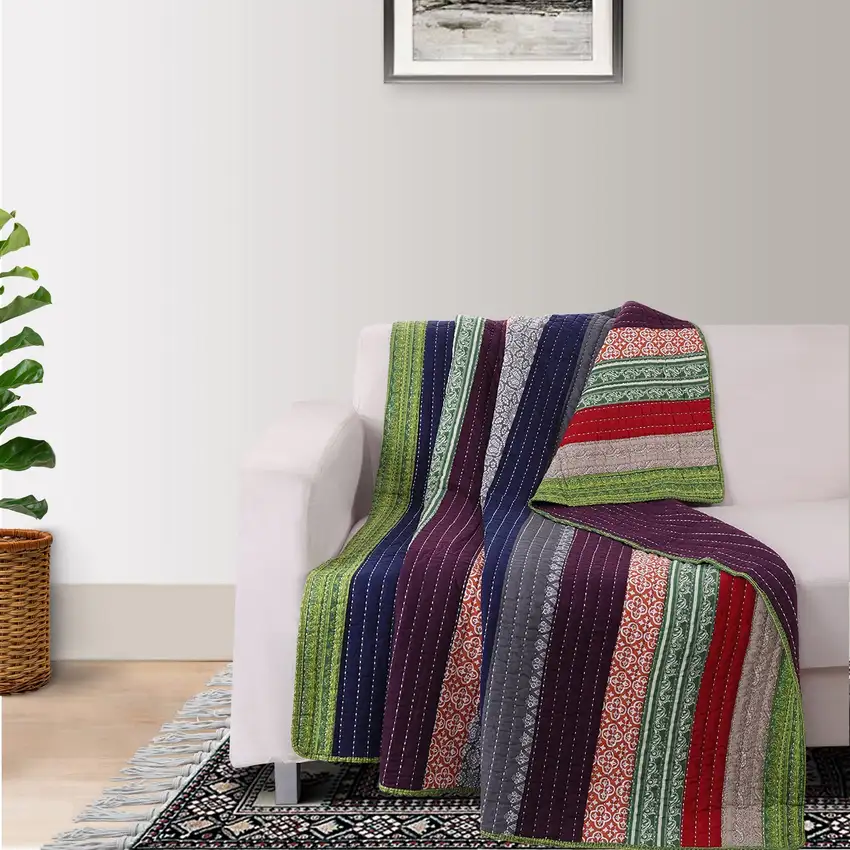 60 Inch Cotton Throw Blanket, Multi Color Stripes, Kantha Hand Quilting Photo 6