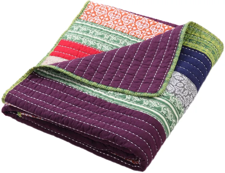 60 Inch Cotton Throw Blanket, Multi Color Stripes, Kantha Hand Quilting Photo 1