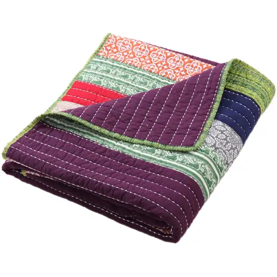 60 Inch Cotton Throw Blanket, Multi Color Stripes, Kantha Hand Quilting Photo 1