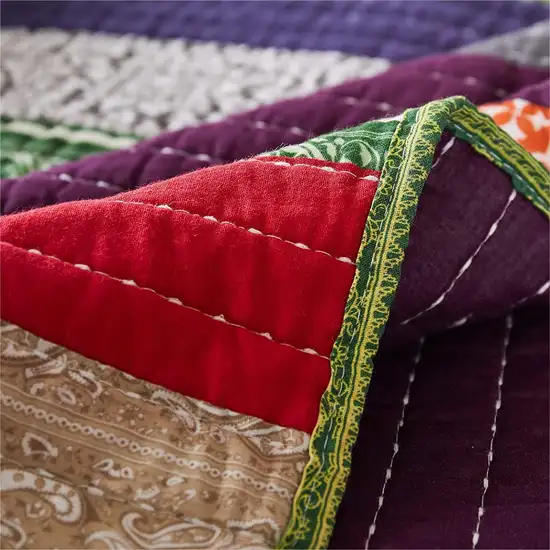 60 Inch Cotton Throw Blanket, Multi Color Stripes, Kantha Hand Quilting Photo 3