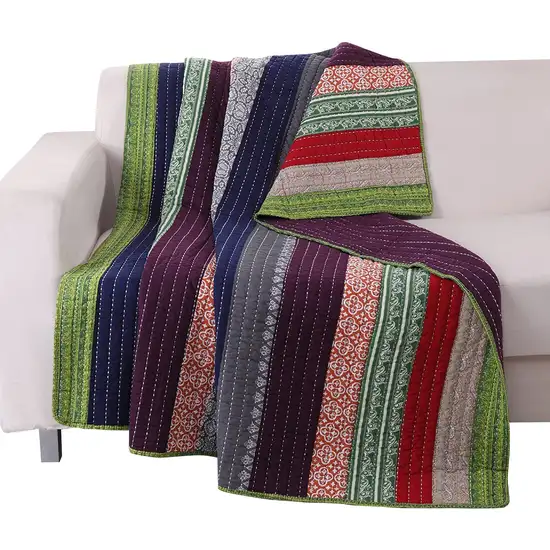 60 Inch Cotton Throw Blanket, Multi Color Stripes, Kantha Hand Quilting Photo 2