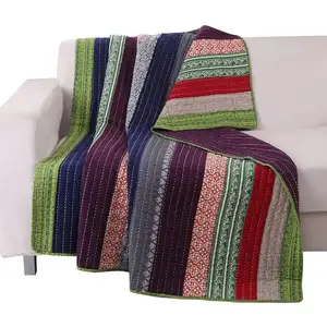 Photo of 60 Inch Cotton Throw Blanket, Multi Color Stripes, Kantha Hand Quilting