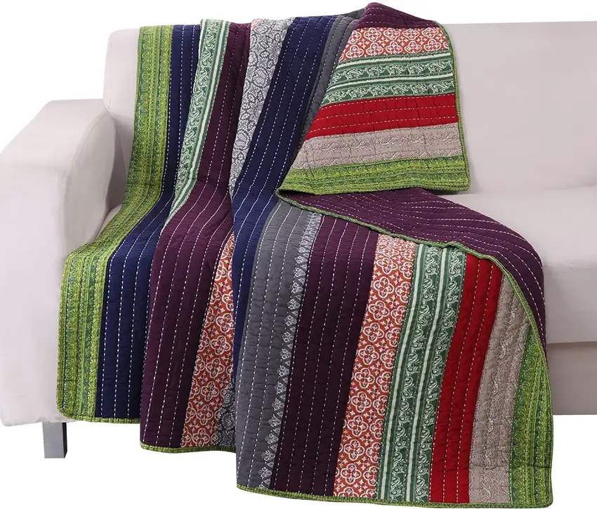 60 Inch Cotton Throw Blanket, Multi Color Stripes, Kantha Hand Quilting Photo 2