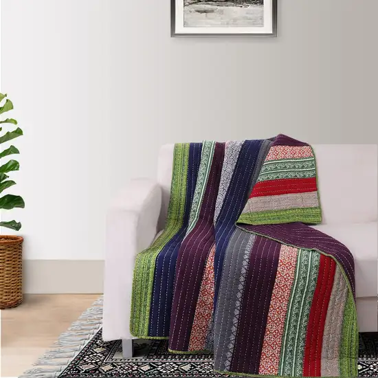 60 Inch Cotton Throw Blanket, Multi Color Stripes, Kantha Hand Quilting Photo 6