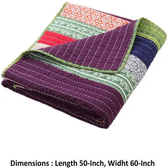 60 Inch Cotton Throw Blanket, Multi Color Stripes, Kantha Hand Quilting Photo 5