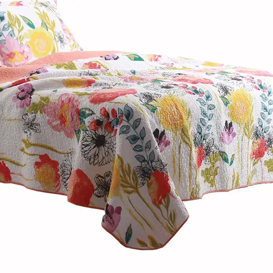 3 Piece Cotton Full Size Quilt Set with Stencil Flower Print Photo 3