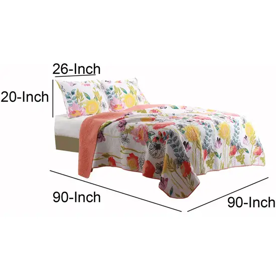3 Piece Cotton Full Size Quilt Set with Stencil Flower Print Photo 4