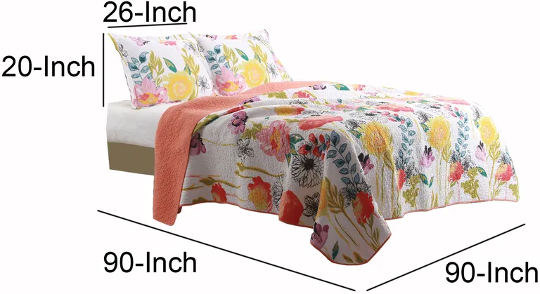 3 Piece Cotton Full Size Quilt Set with Stencil Flower Print Photo 4