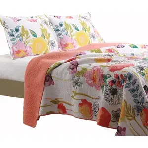 Photo of 3 Piece Cotton Full Size Quilt Set with Stencil Flower Print