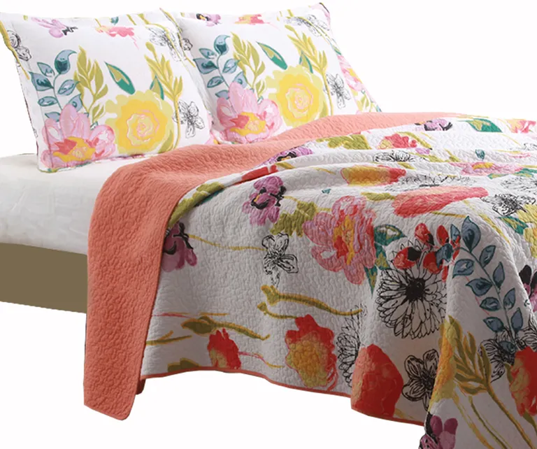 3 Piece Cotton Full Size Quilt Set with Stencil Flower Print Photo 2