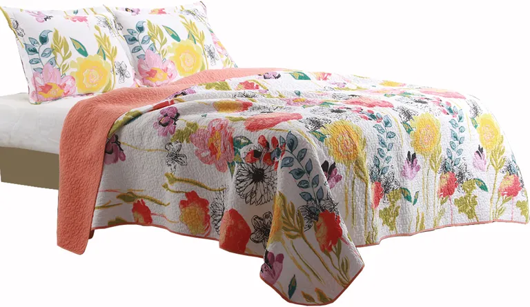 3 Piece Cotton Full Size Quilt Set with Stencil Flower Print Photo 1