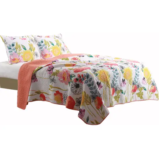 3 Piece Cotton Full Size Quilt Set with Stencil Flower Print Photo 1