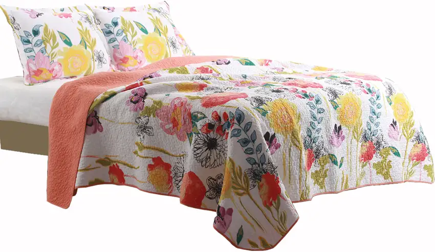 3 Piece Cotton Full Size Quilt Set with Stencil Flower Print Photo 1