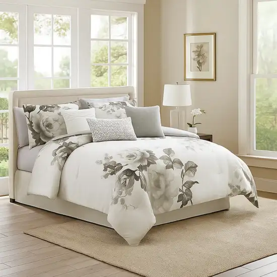 7 Piece Cotton King Comforter Set with Floral Print, Gray and White Photo 7