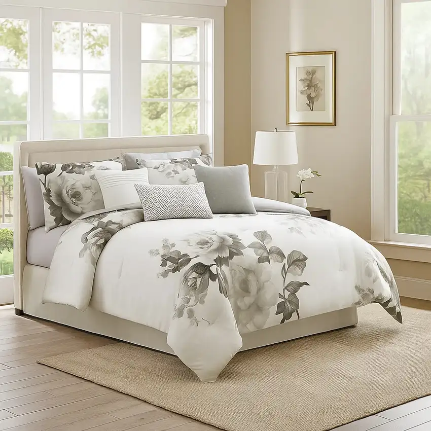 7 Piece Cotton King Comforter Set with Floral Print, Gray and White Photo 7