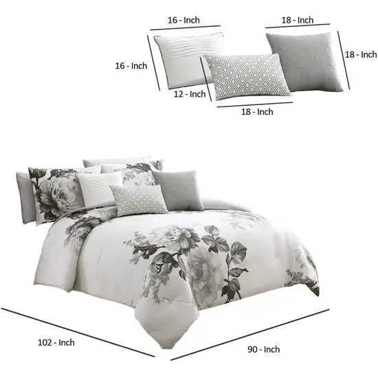 7 Piece Cotton King Comforter Set with Floral Print, Gray and White Photo 6