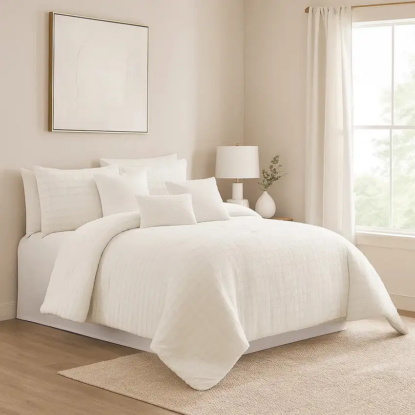 6 Piece Cotton King Comforter Set with Fringe Details, White Photo 7