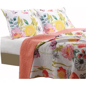Photo of 3 Piece Cotton King Size Quilt Set with Stencil Flower Print