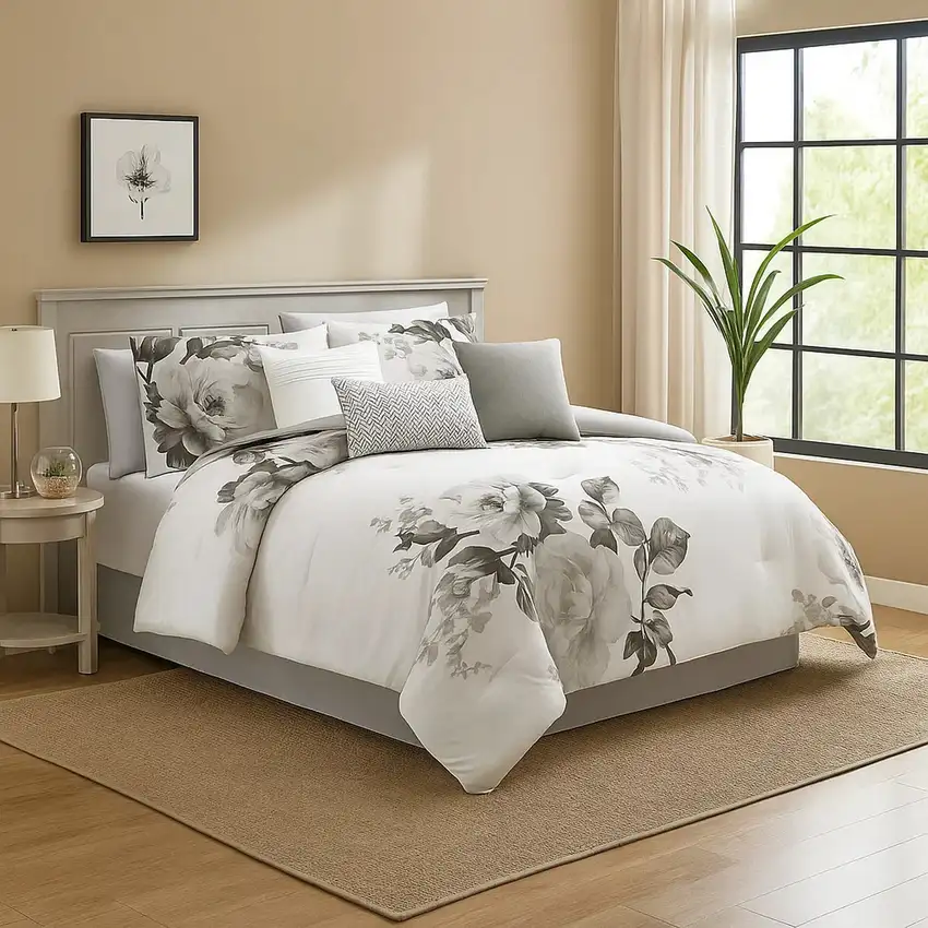 7 Piece Cotton Queen Comforter Set with Floral Print, Gray and White Photo 7