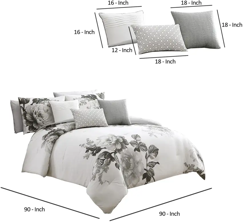 7 Piece Cotton Queen Comforter Set with Floral Print, Gray and White Photo 6