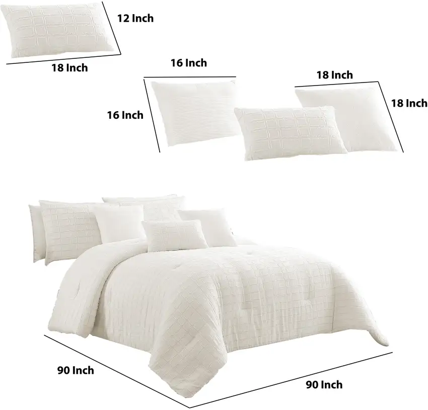 7 Piece Cotton Queen Comforter Set with Fringe Details, White Photo 6