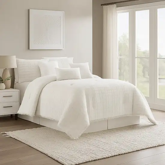 7 Piece Cotton Queen Comforter Set with Fringe Details, White Photo 7