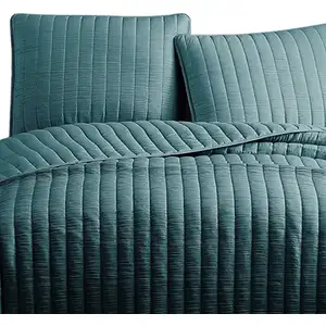 Photo of 3 Piece Crinkle King Coverlet Set with Vertical Stitching, Turquoise