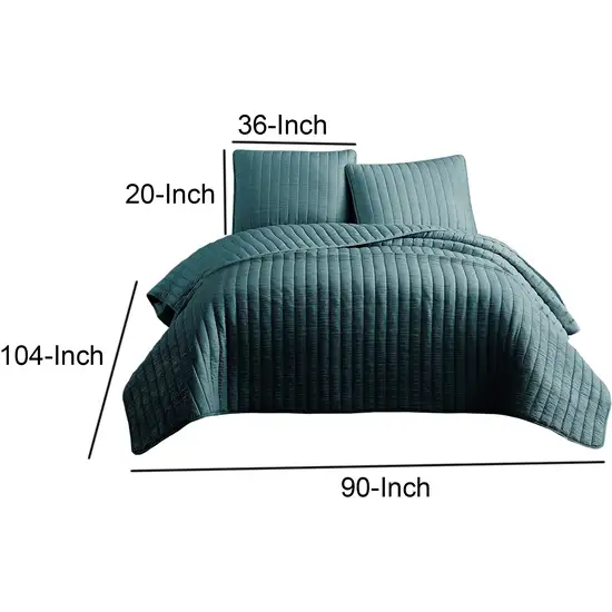 3 Piece Crinkle King Coverlet Set with Vertical Stitching, Turquoise Blue Photo 6