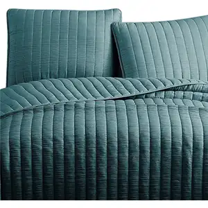Photo of 3 Piece Crinkle Queen Coverlet Set with Vertical Stitching, Turquoise