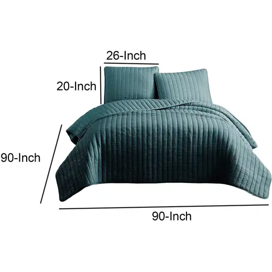 3 Piece Crinkle Queen Coverlet Set with Vertical Stitching, Turquoise Blue Photo 6