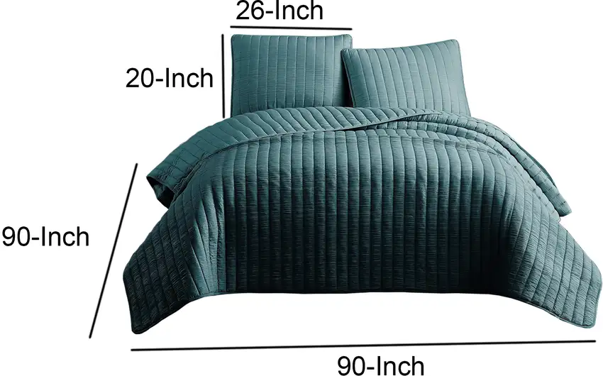 3 Piece Crinkle Queen Coverlet Set with Vertical Stitching, Turquoise Blue Photo 6
