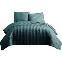 Photo of 3 Piece Crinkle Queen Coverlet Set with Vertical Stitching, Turquoise