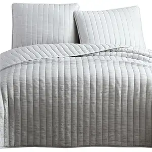 Photo of 3 Piece Crinkle Queen Size Coverlet Set with Vertical Stitching,Light