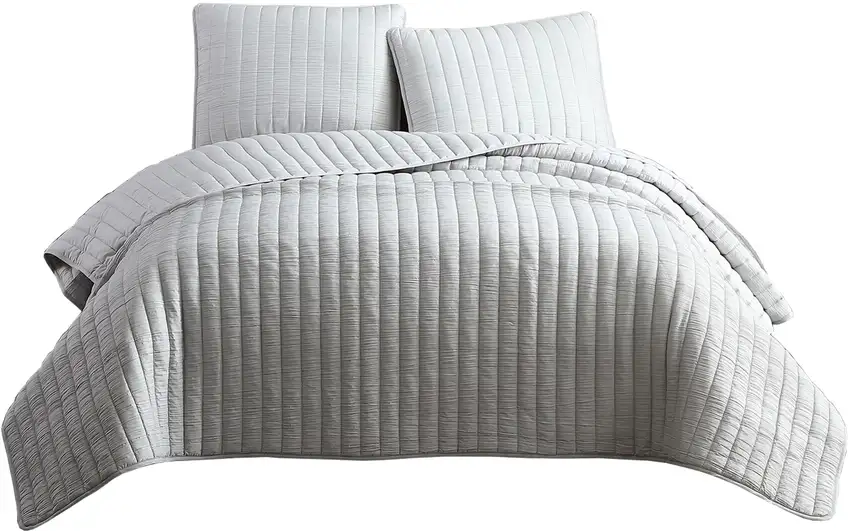 3 Piece Crinkle Queen Size Coverlet Set with Vertical Stitching,Light Gray Photo 1