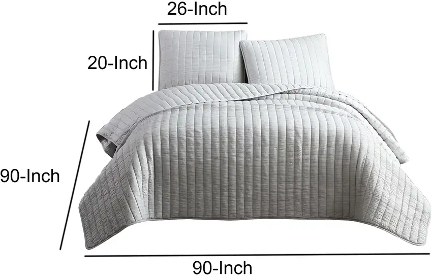 3 Piece Crinkle Queen Size Coverlet Set with Vertical Stitching,Light Gray Photo 6