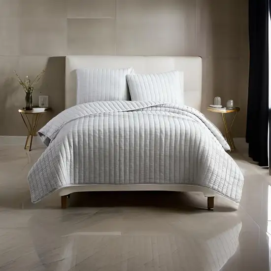 3 Piece Crinkle Queen Size Coverlet Set with Vertical Stitching,Light Gray Photo 7