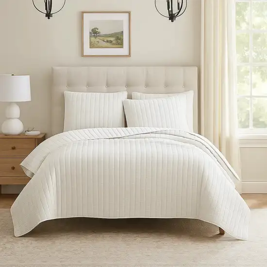 3 Piece Crinkles King Size Coverlet Set with Vertical Stitching, White Photo 7
