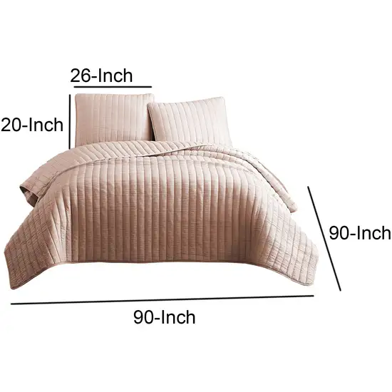 3 Piece Crinkles Queen Size Coverlet Set with Vertical Stitching, Pink Photo 6