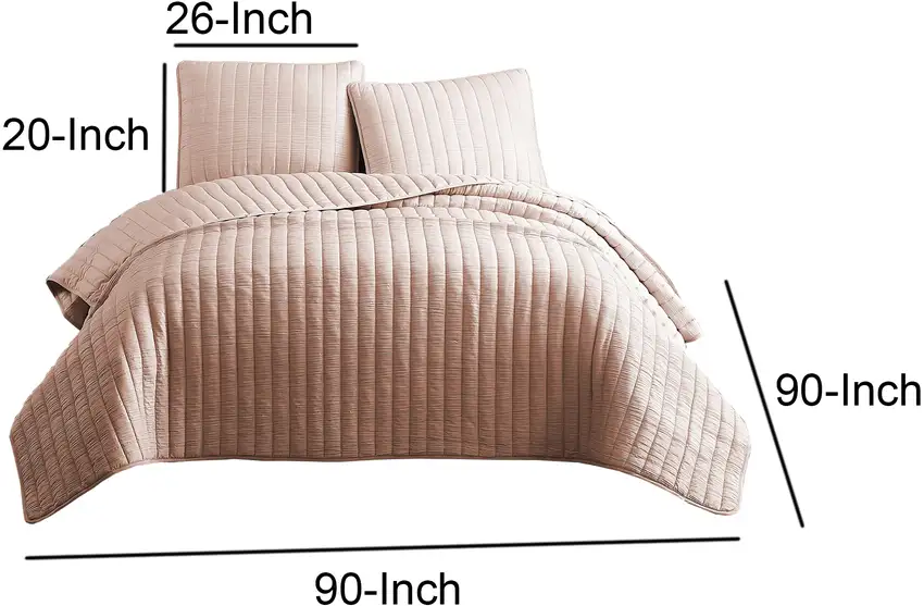 3 Piece Crinkles Queen Size Coverlet Set with Vertical Stitching, Pink Photo 6