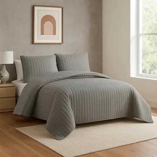 3 Piece Crinkles Queen Size Coverlet Set with Vertical Stitching, Gray Photo 7
