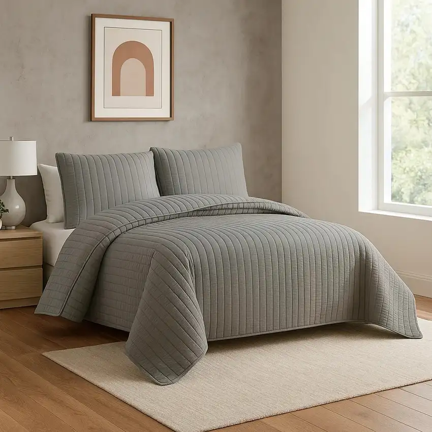 3 Piece Crinkles Queen Size Coverlet Set with Vertical Stitching, Gray Photo 7